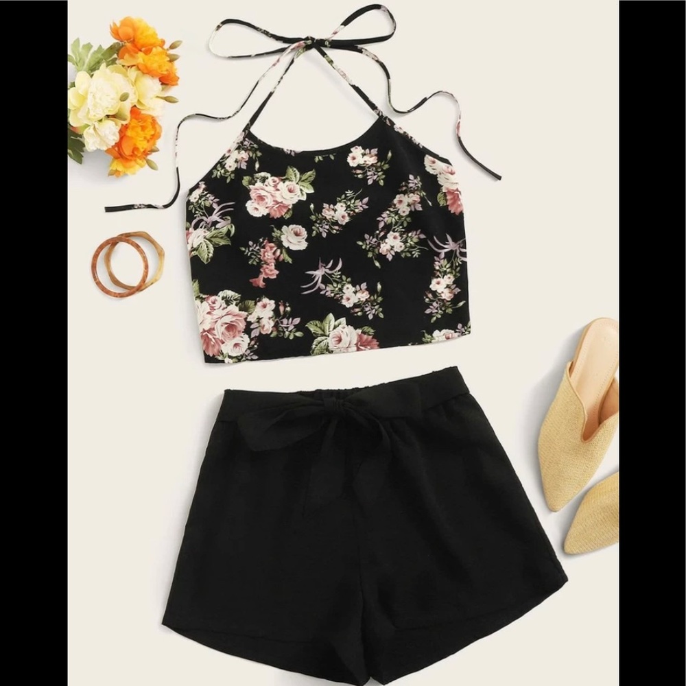 NWT Floral Halter Top & Black Shorts - Picture 1 of 5